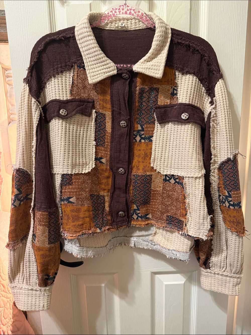 POL Patchwork Utility Jacket in Cream, Brown & Rust